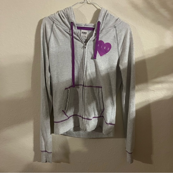 Pink Victorias Secret Light Grey Long Sleeve Zip Up Hoodie Size: S - Picture 2 of 4